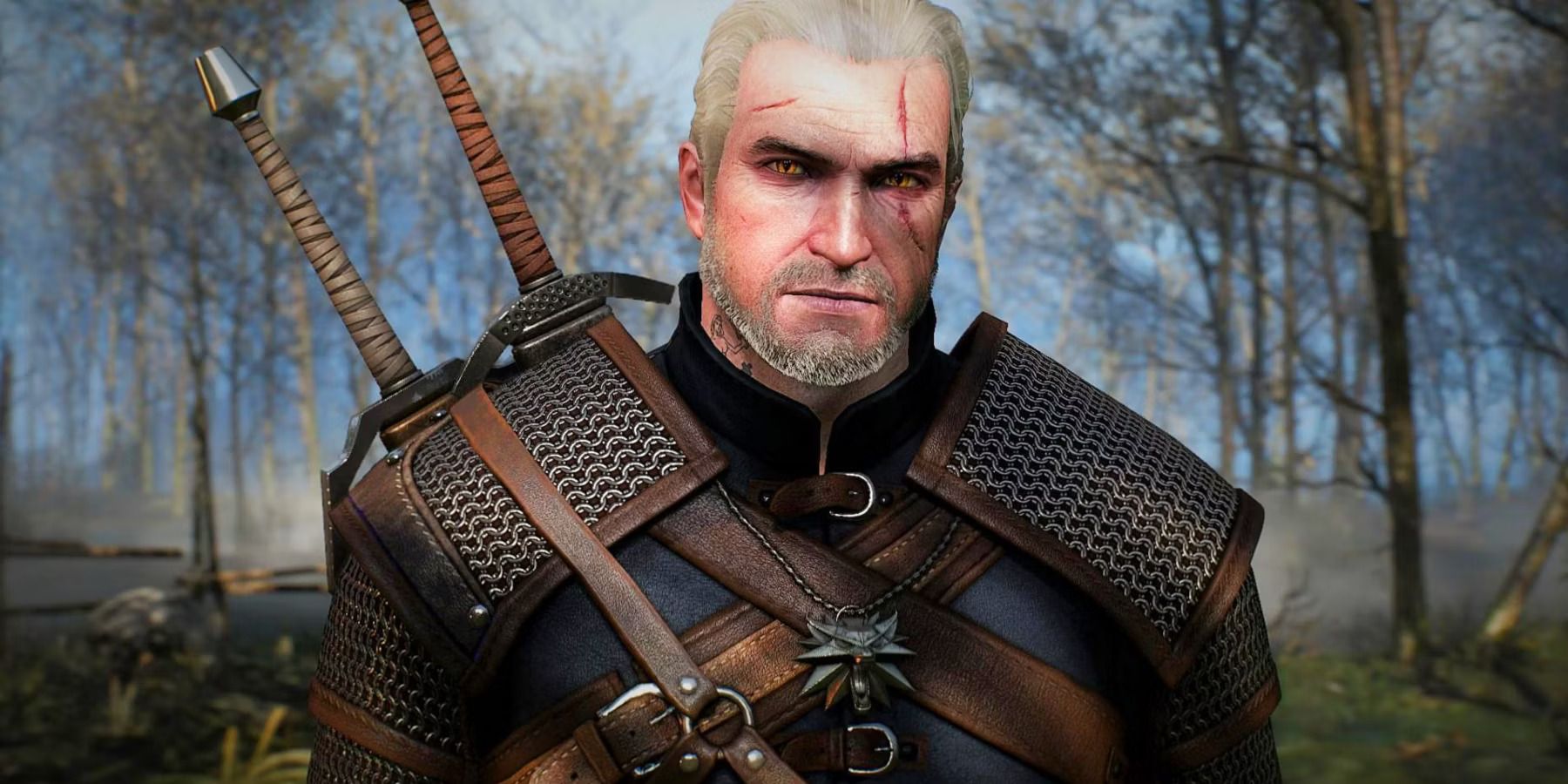 Close up of Geralt from the game The Witcher 3