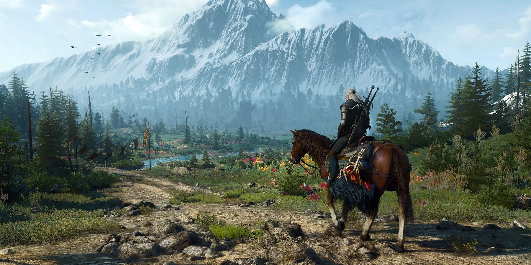 Image from The Witcher 3 showing Geralt looking towards a mountain in the far distance.