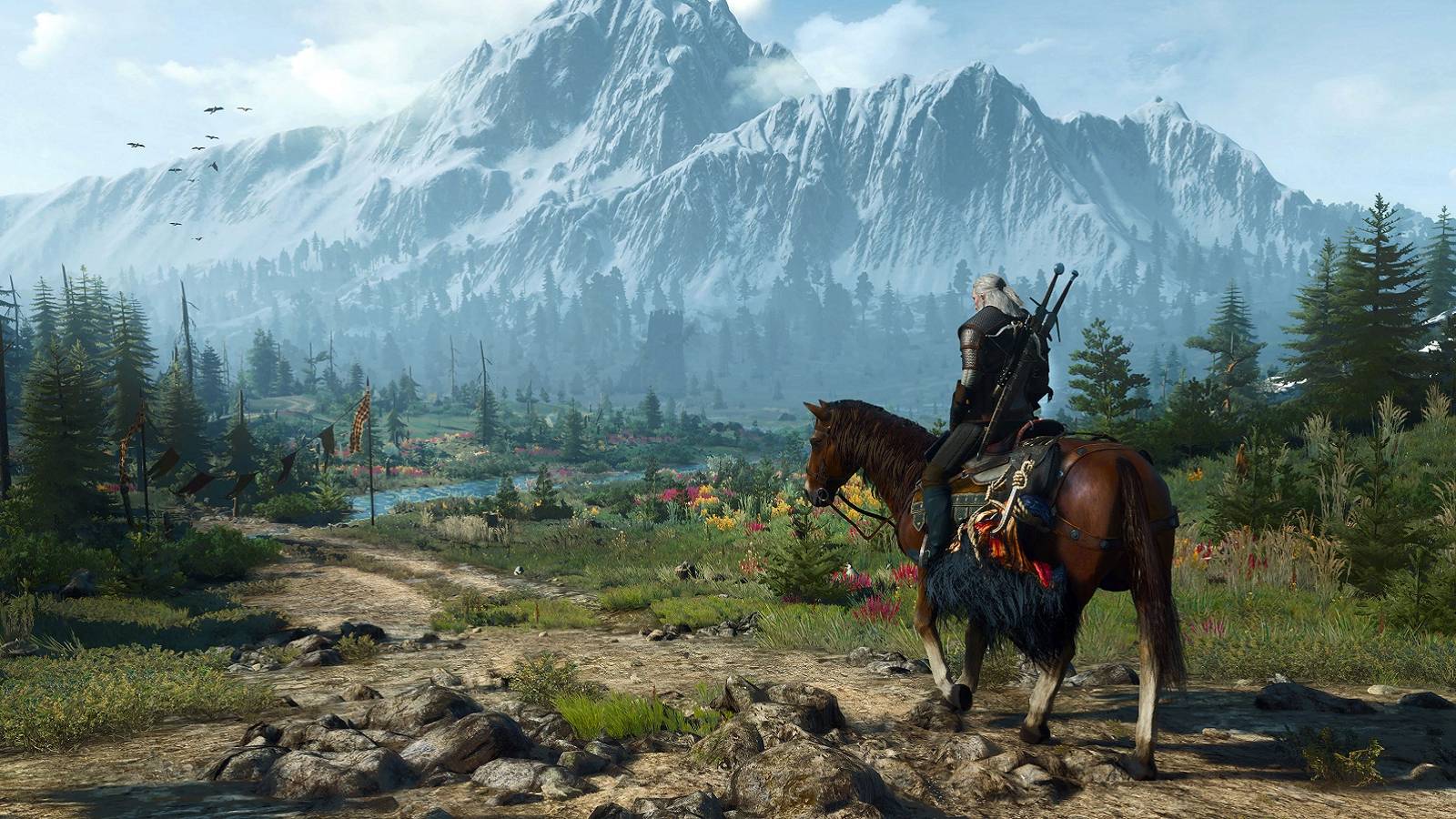 Image from The Witcher 3 showing Geralt looking towards a mountain in the far distance.