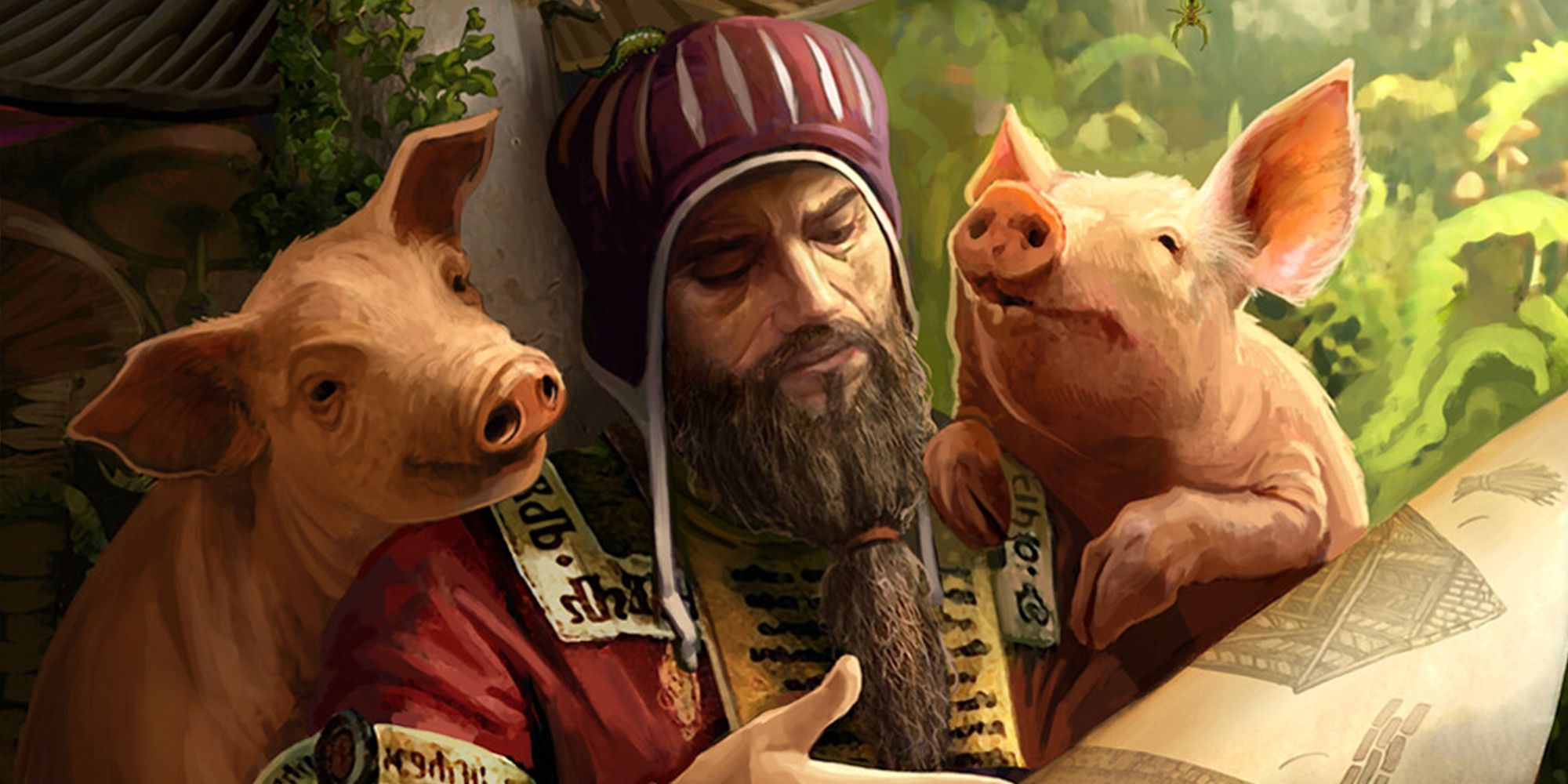 The Witcher -Gwent Card Art For Artorius Vigo Showing Him Going Over Plans With Some Magical Pigs