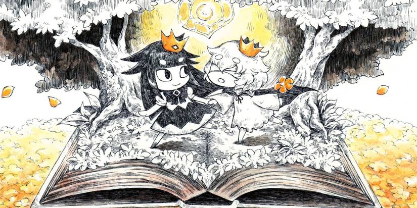 The Liar Princess leading the Blind Prince through a black, white, and yellow storybook setting