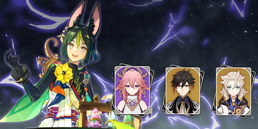 tighnari-yae-miko-zhongli-and albedo in genshin impact