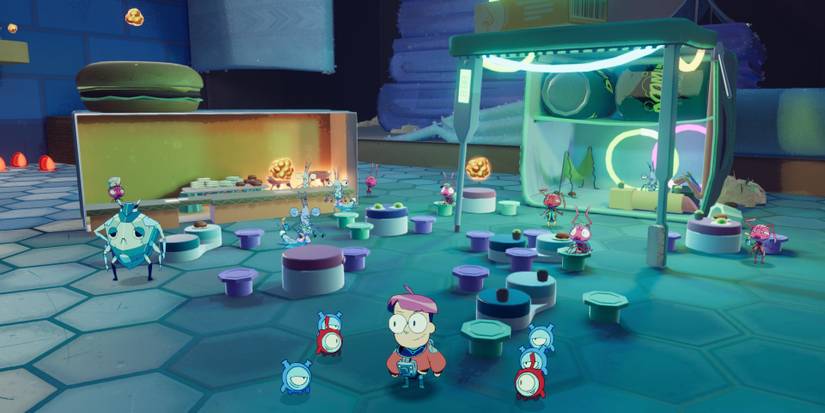 A cafe with various bugs hanging out in Tinykin