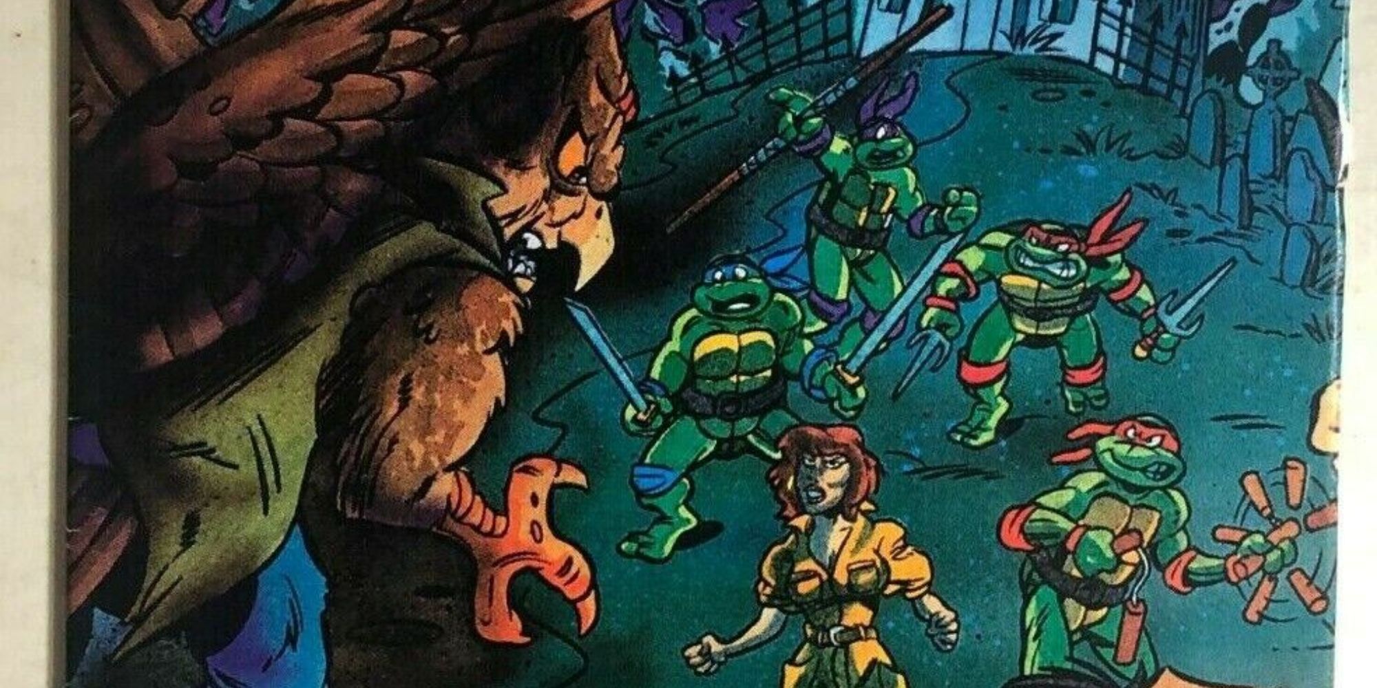 The Ninja Turtles and April O'Neil against a bird monster