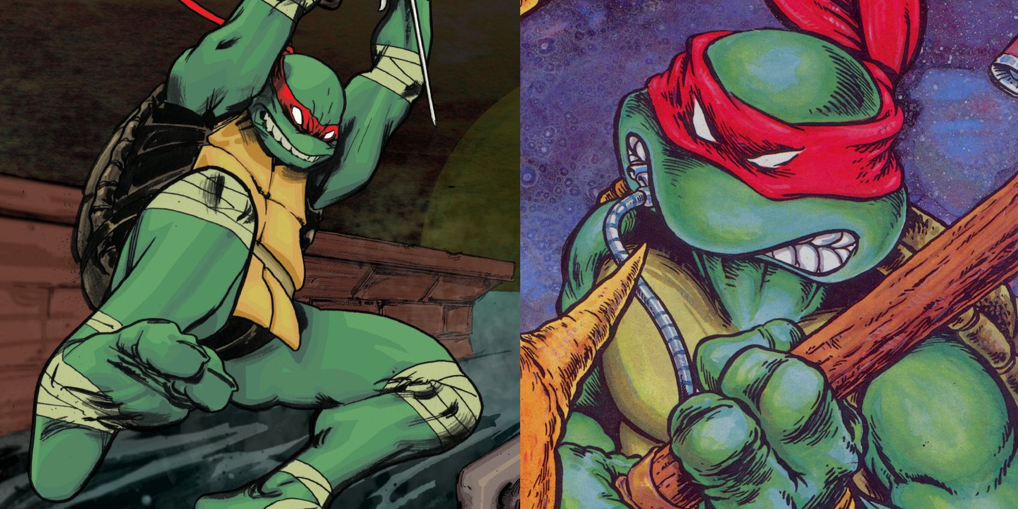 Raphael swinging; Donatello with a red headband