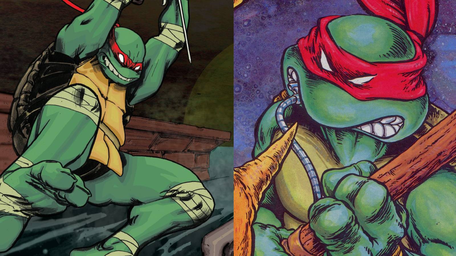 Raphael swinging; Donatello with a red headband