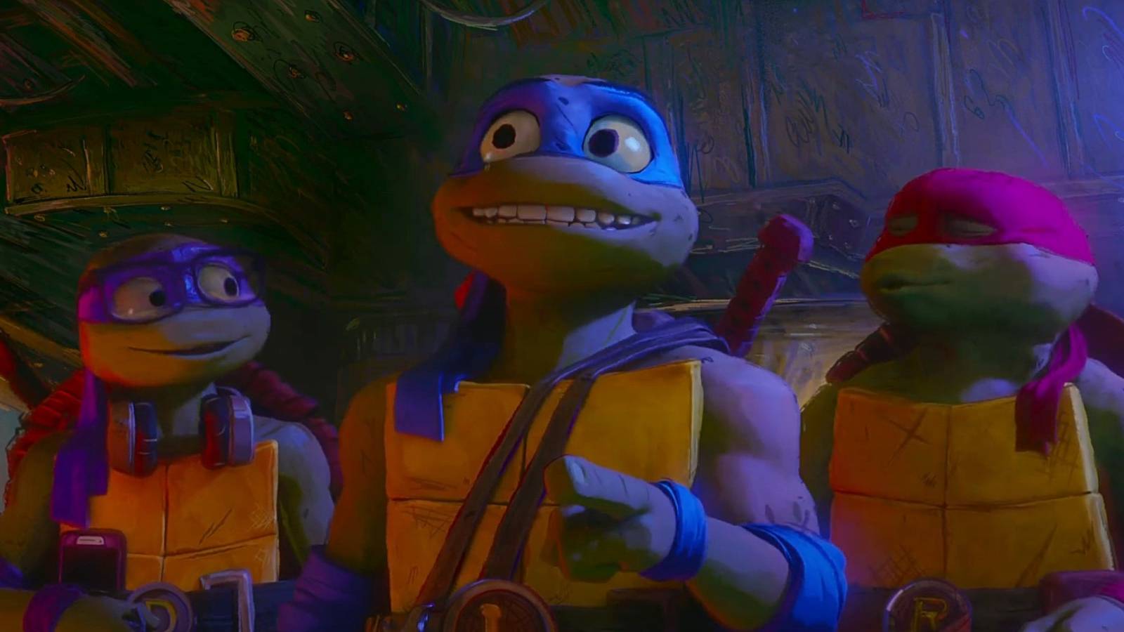 Leonardo smiling with Donatello and Raphael Teenage Mutant Ninja Turtles: Mutant Mayhem