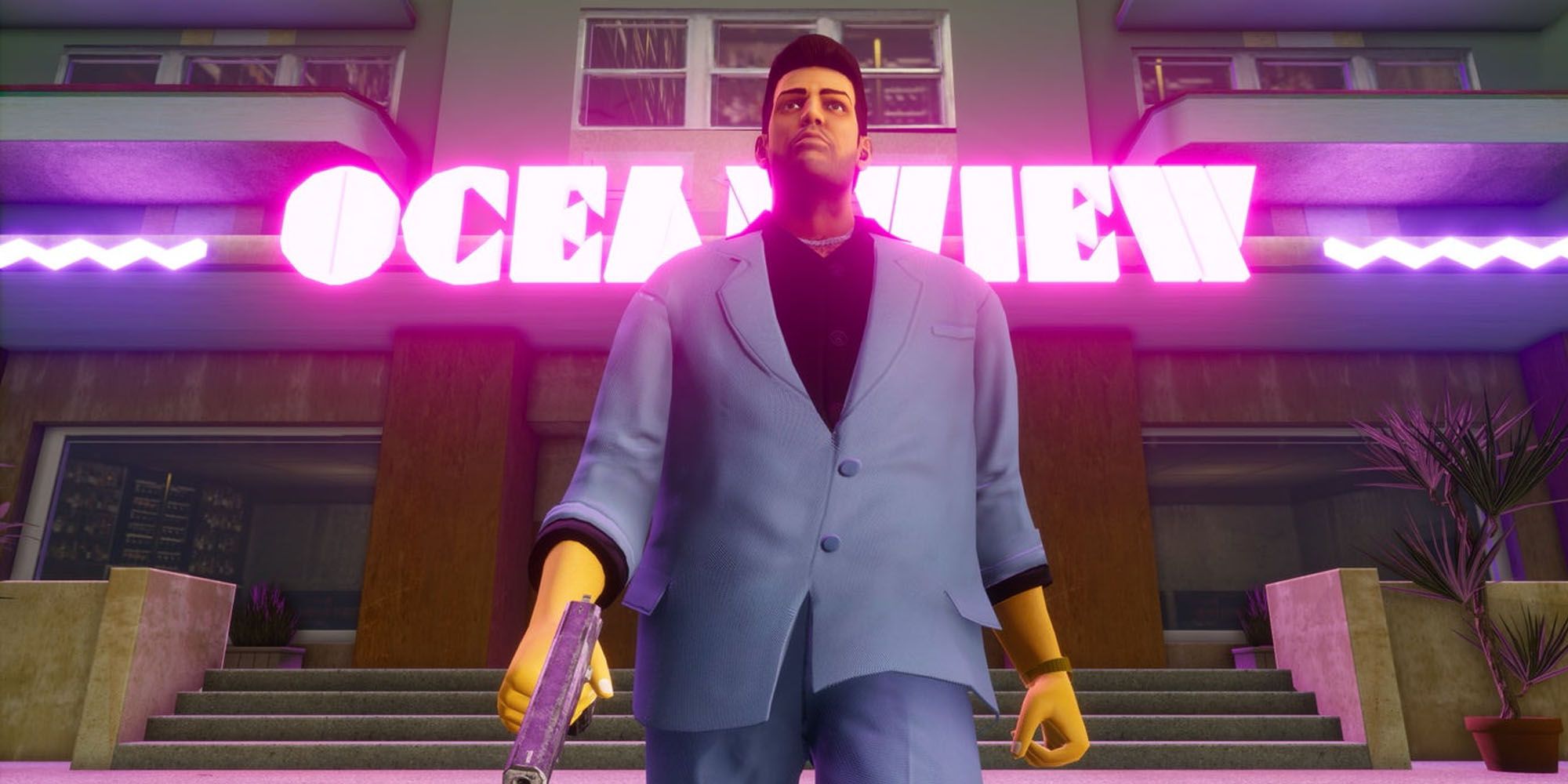 Tommy Vercetti walking away from the Ocean View hotel