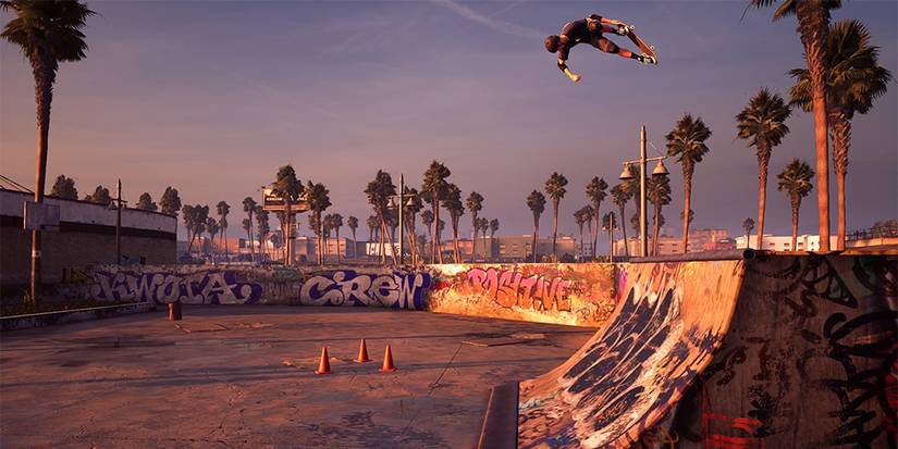 A skater tricking off a half-pipe in a Los Angeles Skate Park in Tony Hawk's Pro Skater 1+2