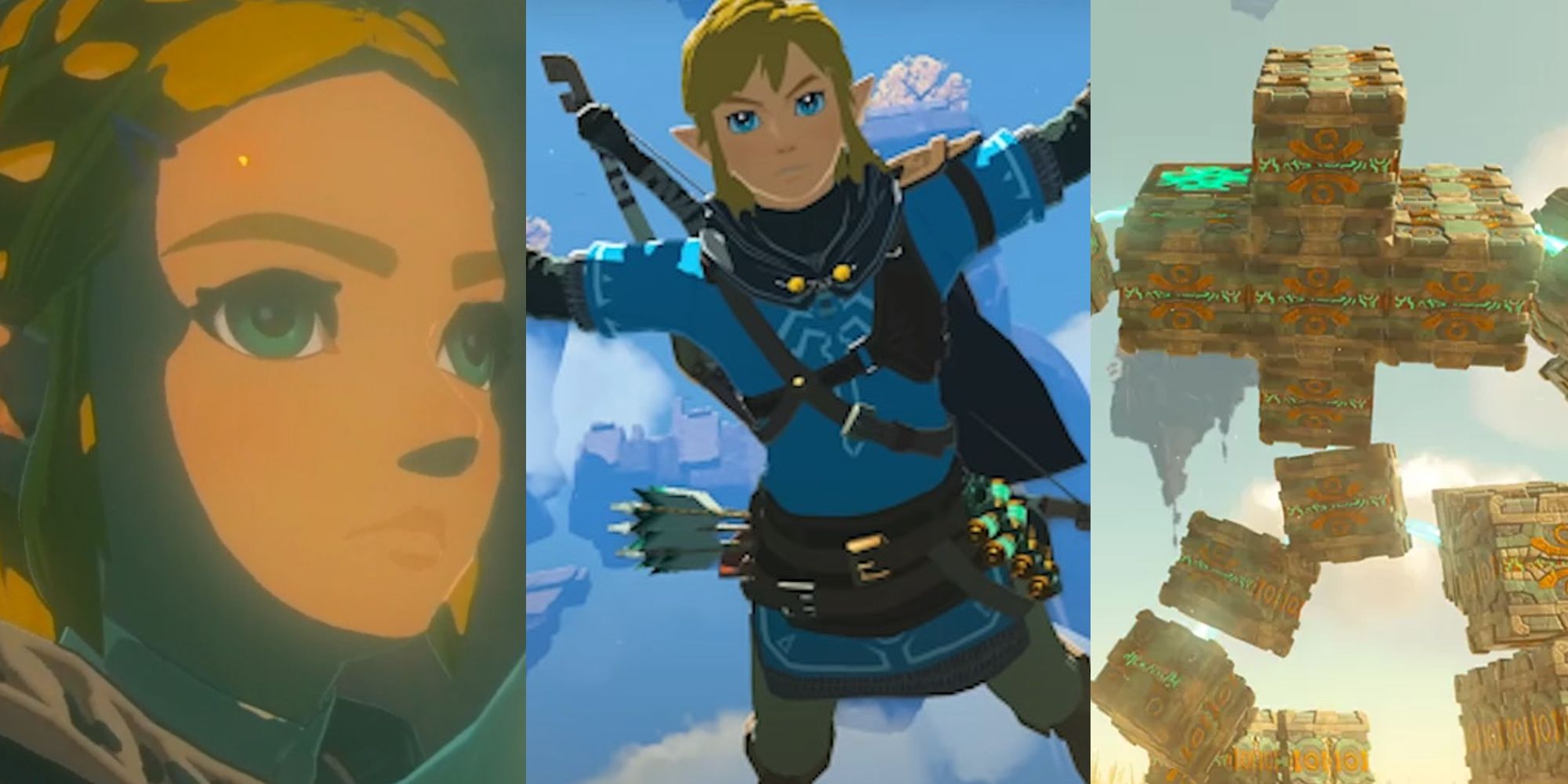 Zelda in TOTK; Link falling in the sky; a block monster in TOTK