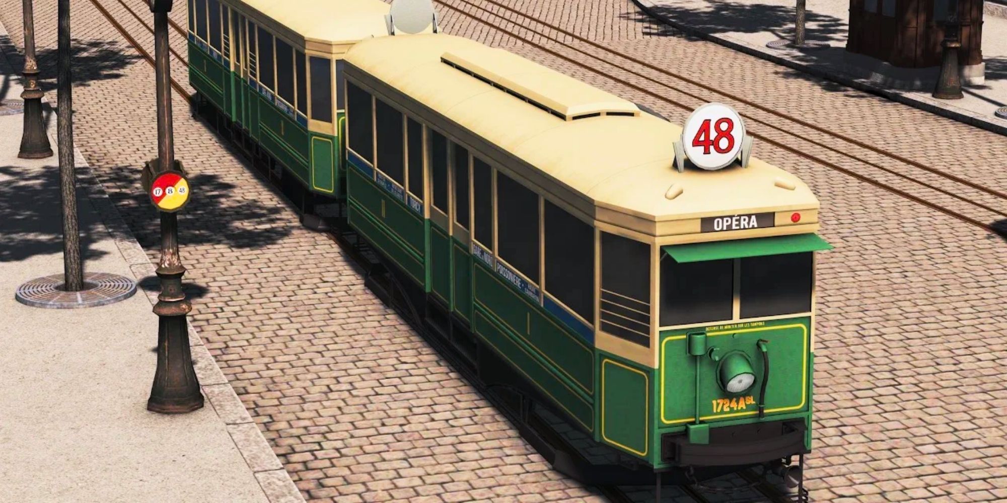 Green Tram in Cities Skylines travelling on brick road