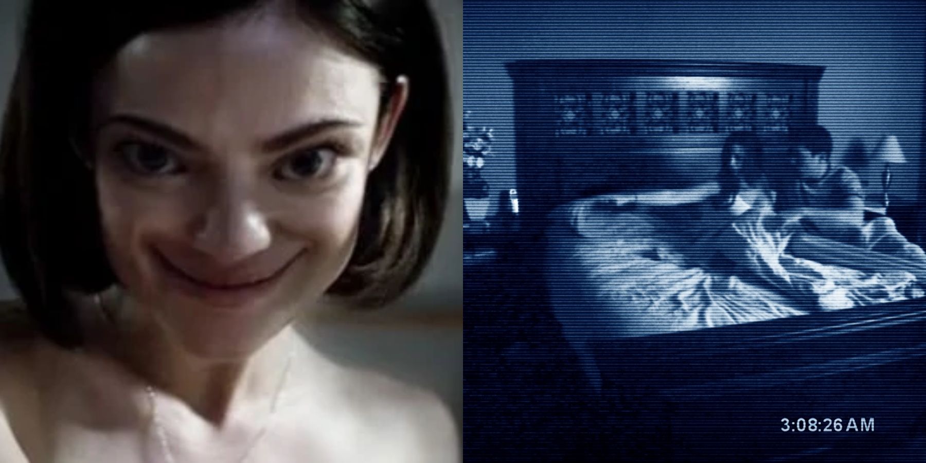 Split image of Lucy Hale grinning in Truth Or Dare and Katie and Micah in Paranormal Activity