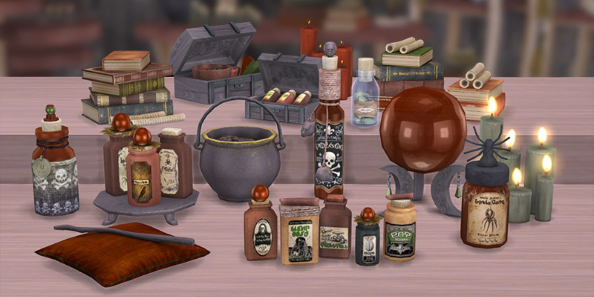 Potion bottles, a cauldron, and other magical items for The Sims 4