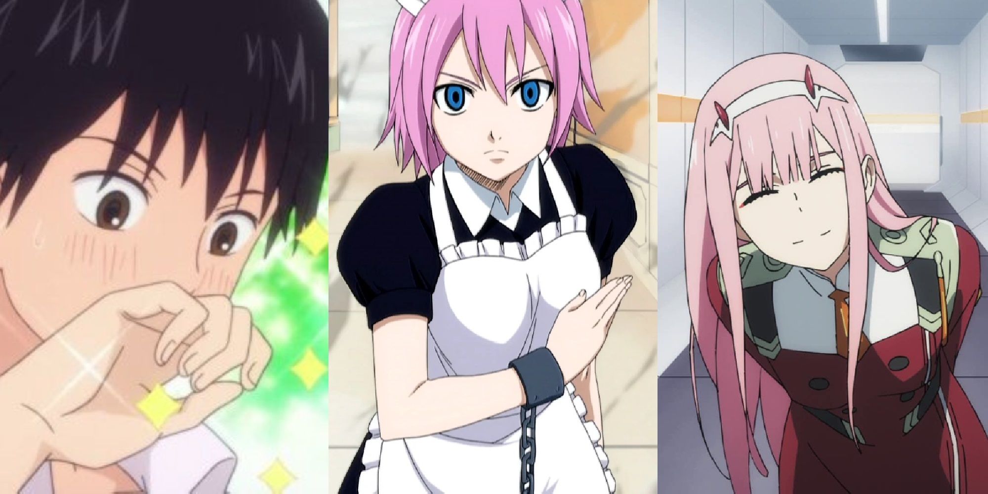 Split image of Shota Kazehaya from Kimi ni Todoke, Virgo from Fairy Tail, and Zero Two from Darling in the Franxx