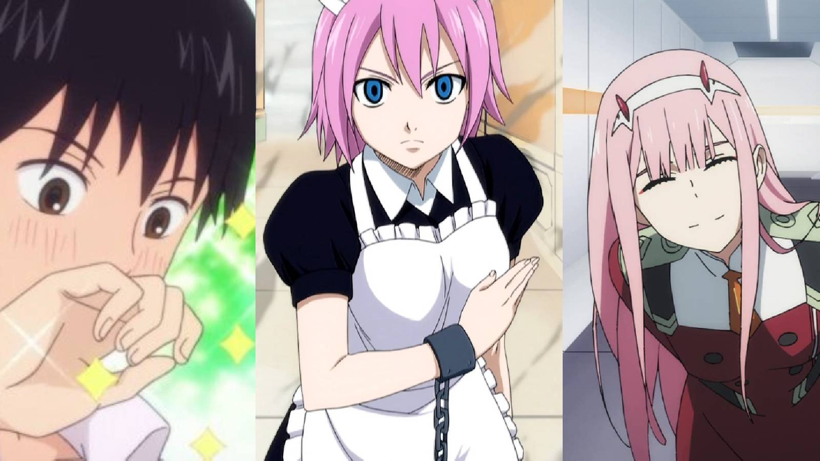 Split image of Shota Kazehaya from Kimi ni Todoke, Virgo from Fairy Tail, and Zero Two from Darling in the Franxx