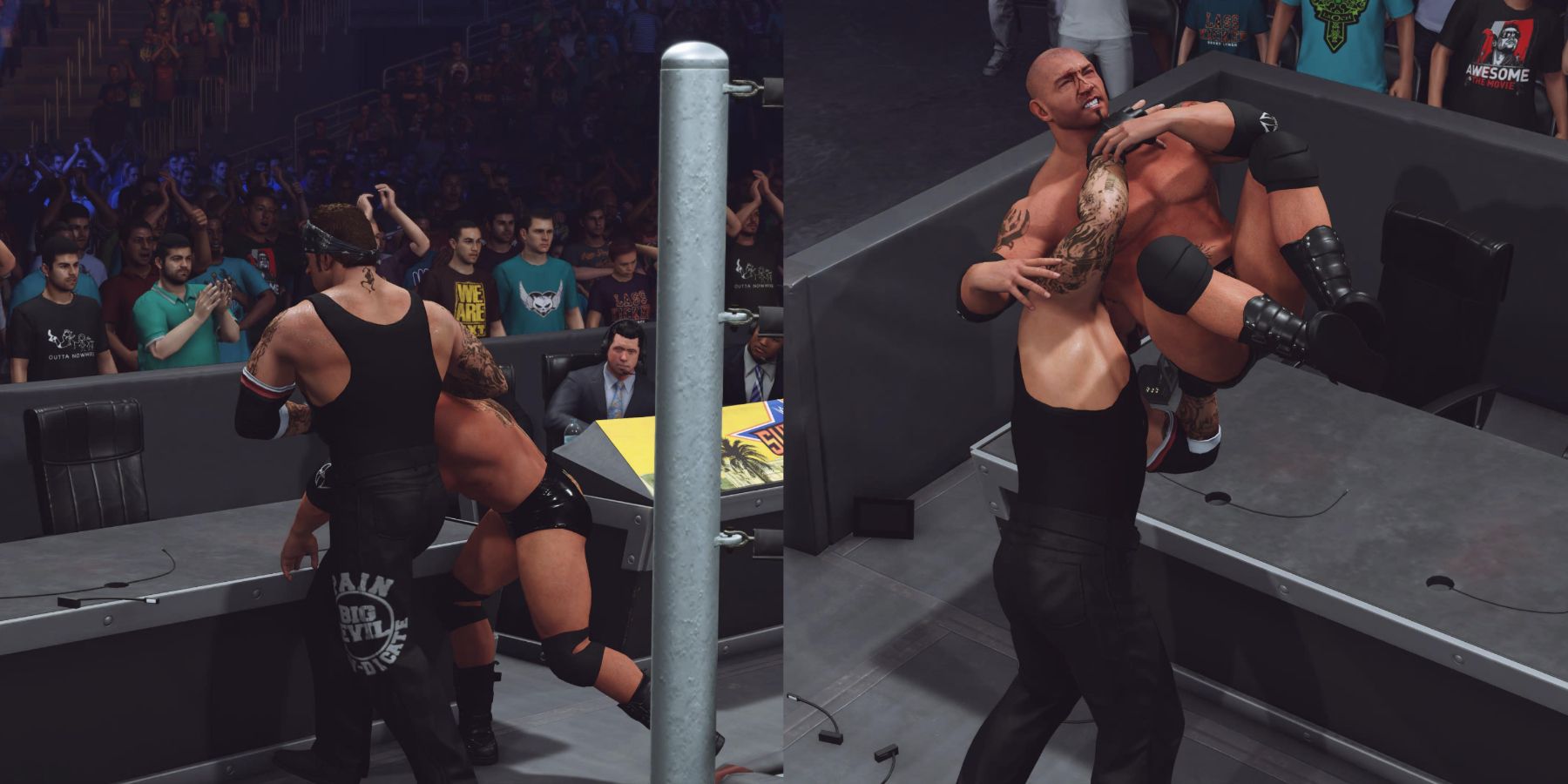 Undertaker dragging and finishing Batista through the announcer's table