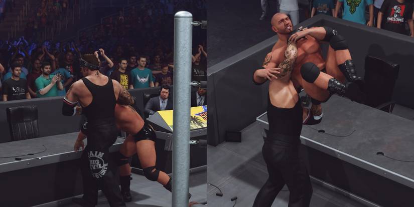 Undertaker dragging and finishing Batista through the announcer's table