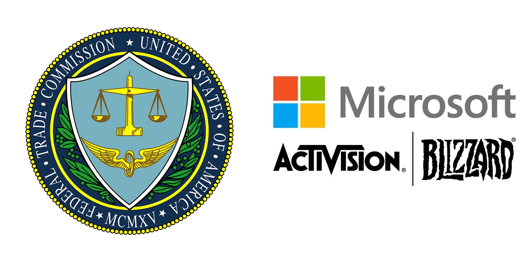 United States Federal Trade Commission and Microsoft Activision Blizzard logos on white