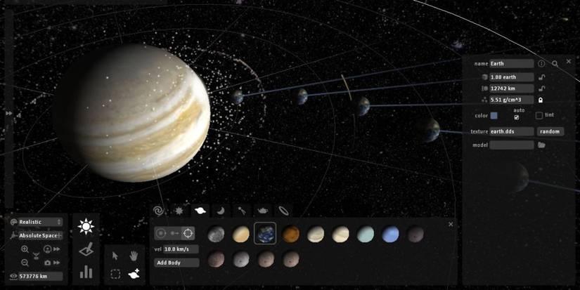 A player throwing multiple Earths at Jupiter in Universe Sandbox Legacy