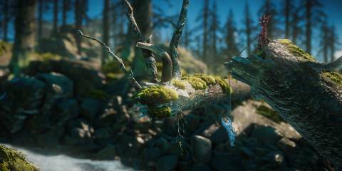 Unravel Two Red Yarny Pulling Blue Yarny Over A River