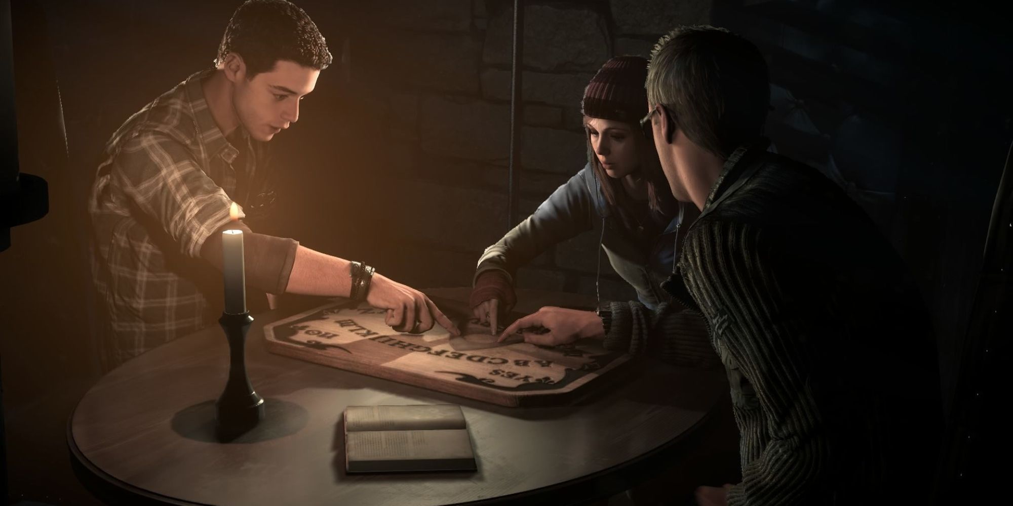 Until Dawn screnshot of three main characters around a ouija board