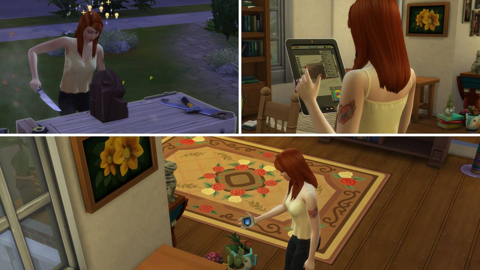 The woodworking bench, drawing tablet, and future cube in The Sims 4