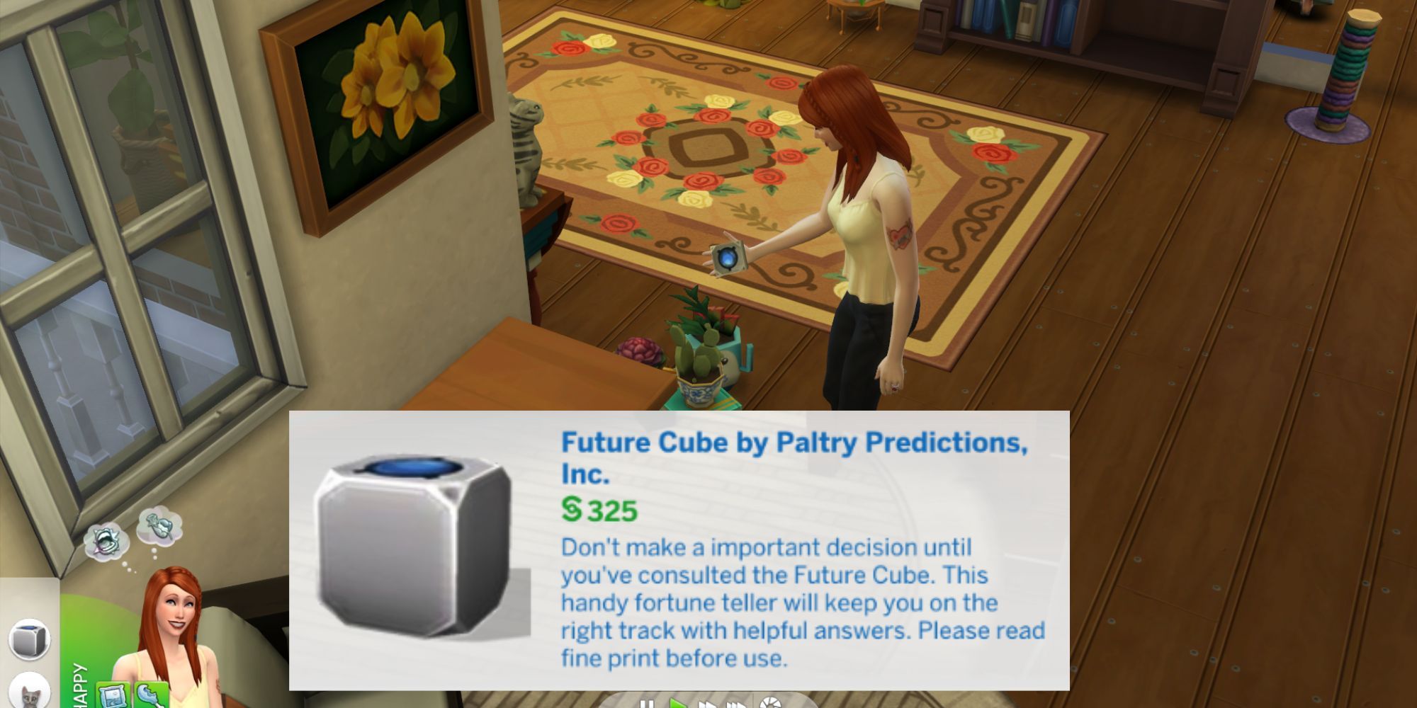 A Sim interacting with the Future Cube, The Sims 4