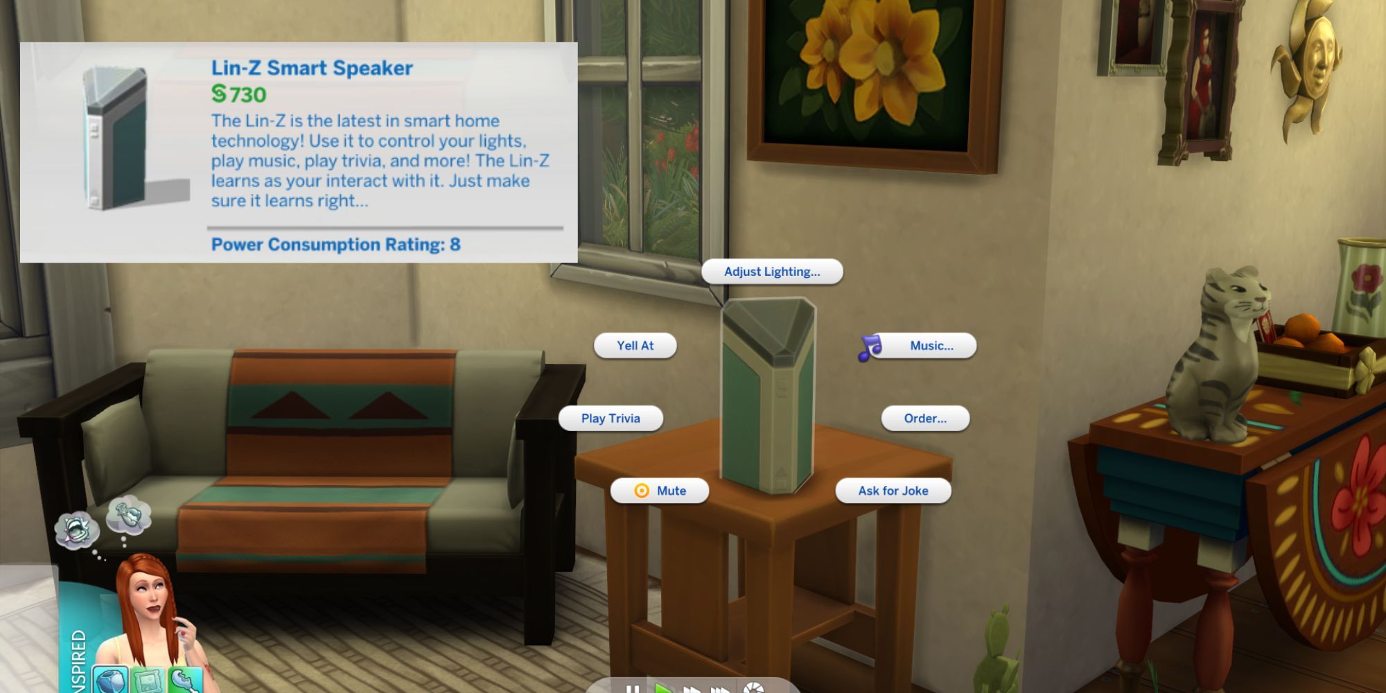 Interaction options for the Lin-Z Smart Speaker, The Sims 4