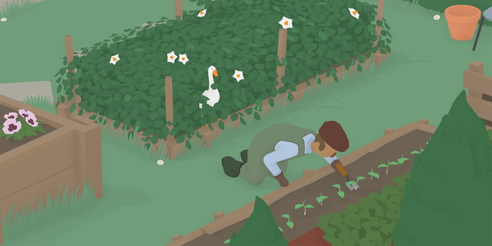 The goose staring at the back of the gardener in Untitled Goose Game