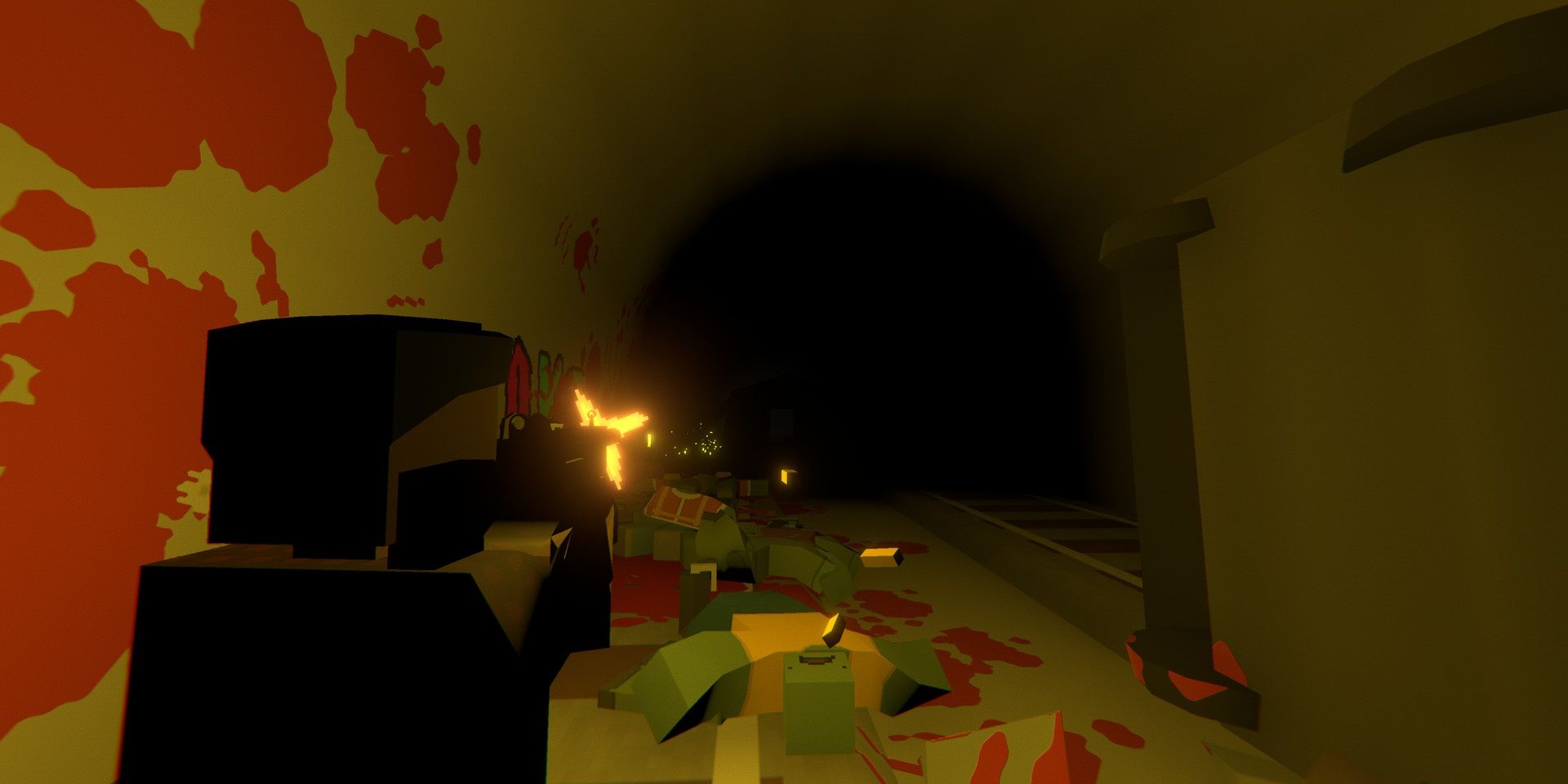 Blood-splattered walls and dead zombies on the ground in Unturned