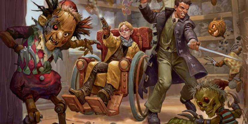 Two player characters face off against killer dolls.