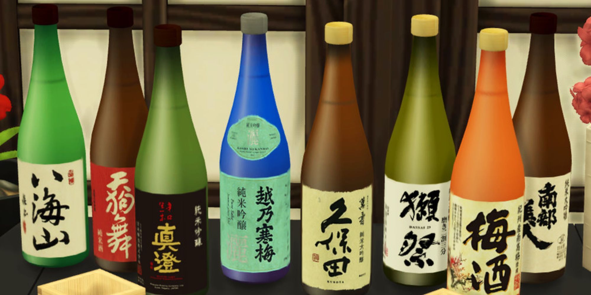 A collection of sake bottles for The Sims 4