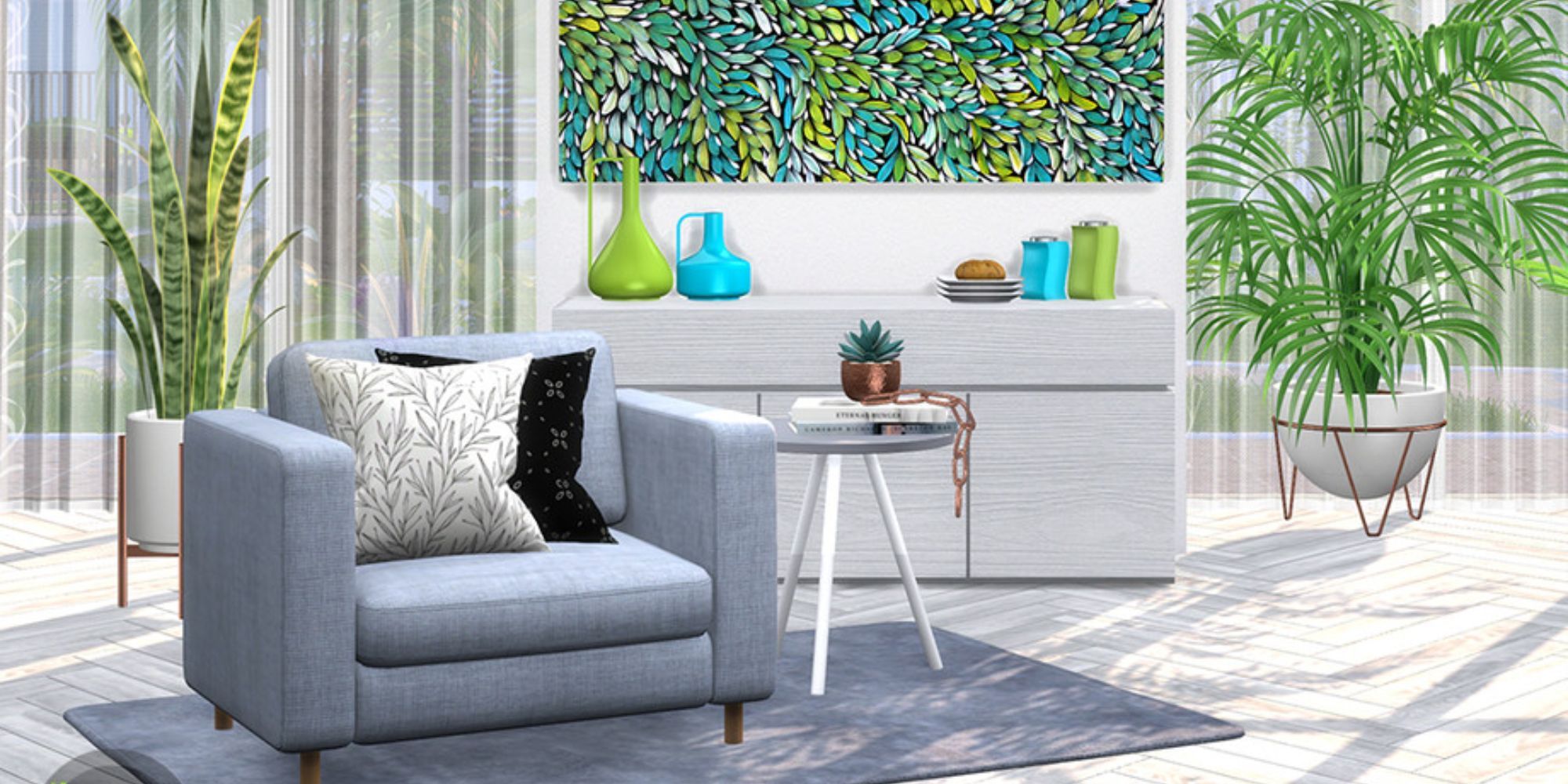 Minimalist custom content living room for The Sims 4