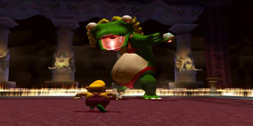 Wario fighting a giant female lizard