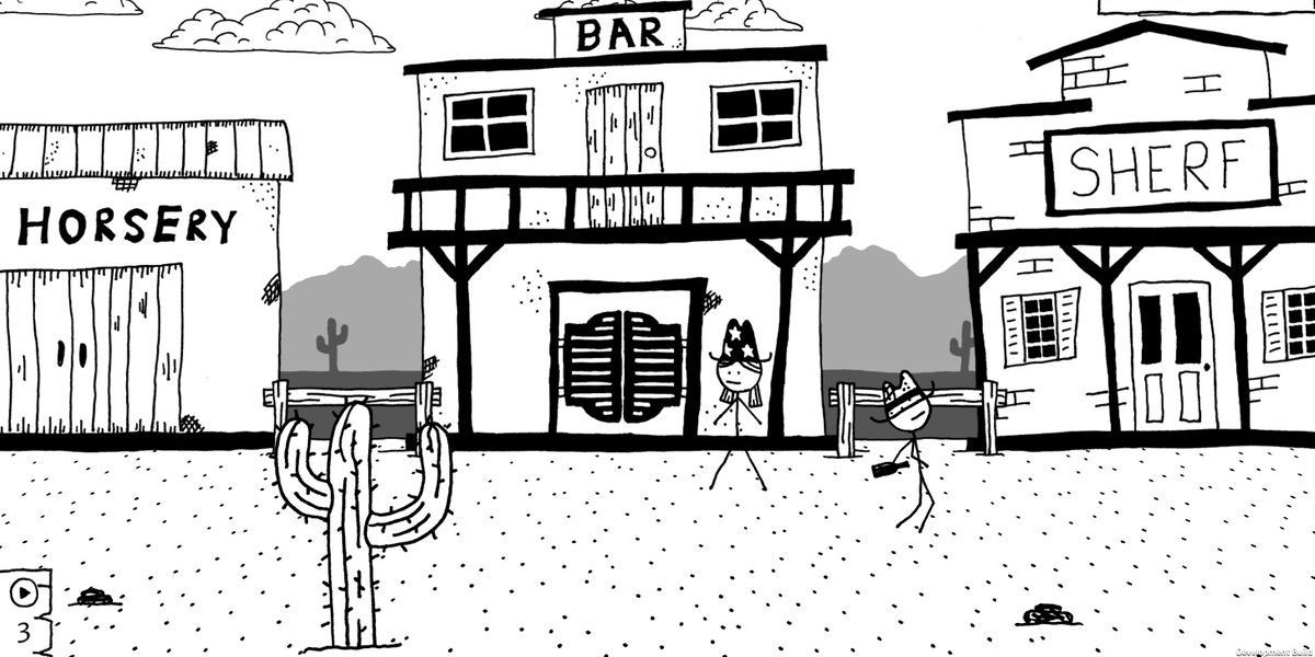 Two characters from West of Loathing in town