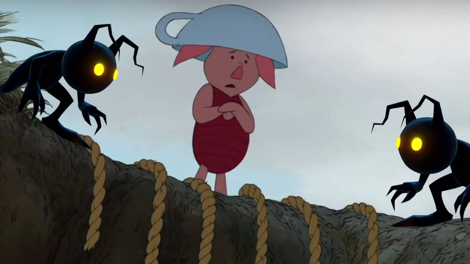 Piglet from Winnie the Pooh surrounded by Heartless from Kingdom Hearts