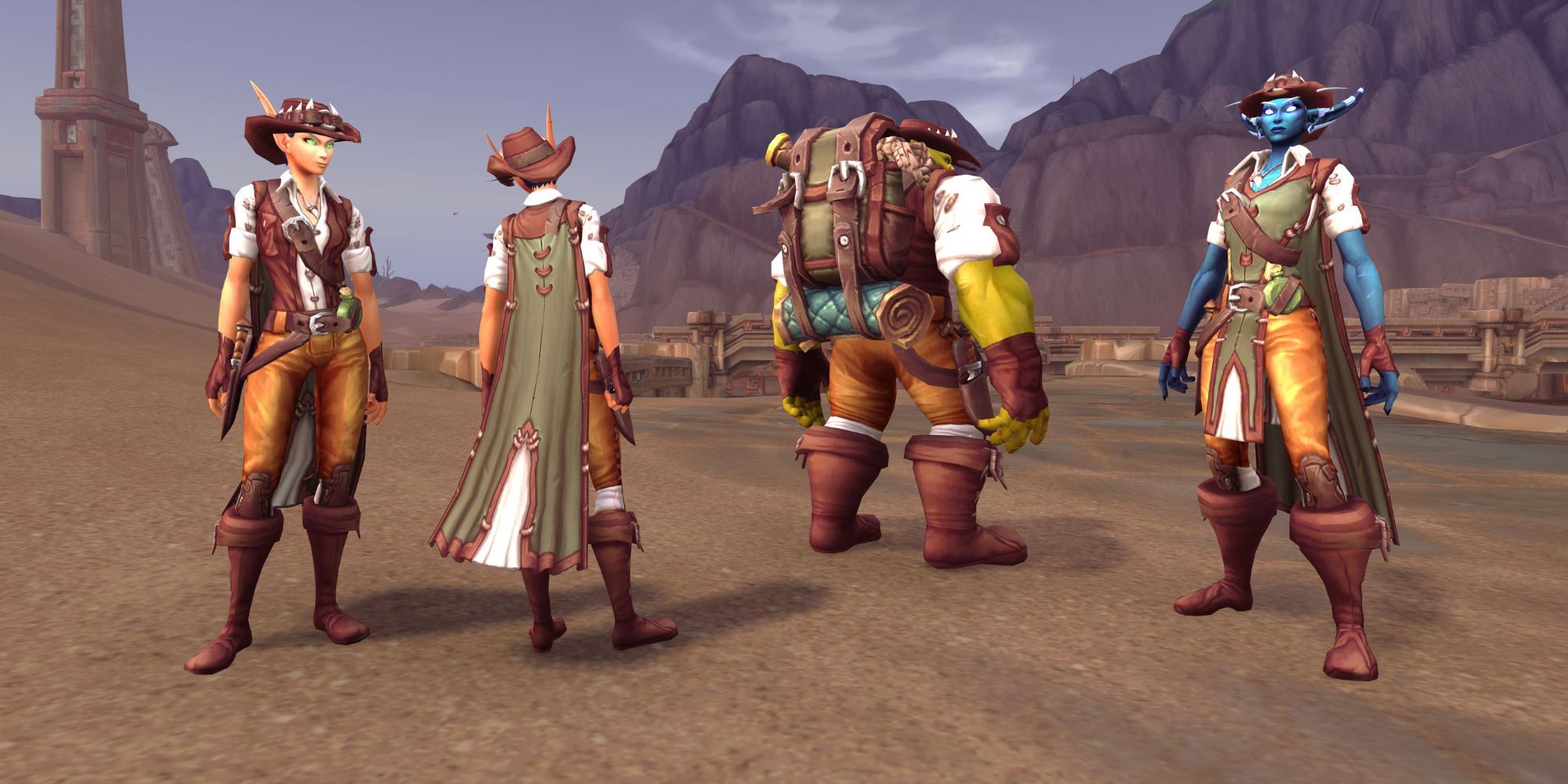 Four characters in the same outfit in World of Warcraft