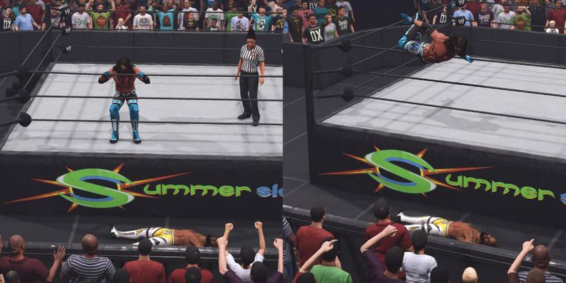 WWE 2K23 AJ Styles with a springboard attack outside