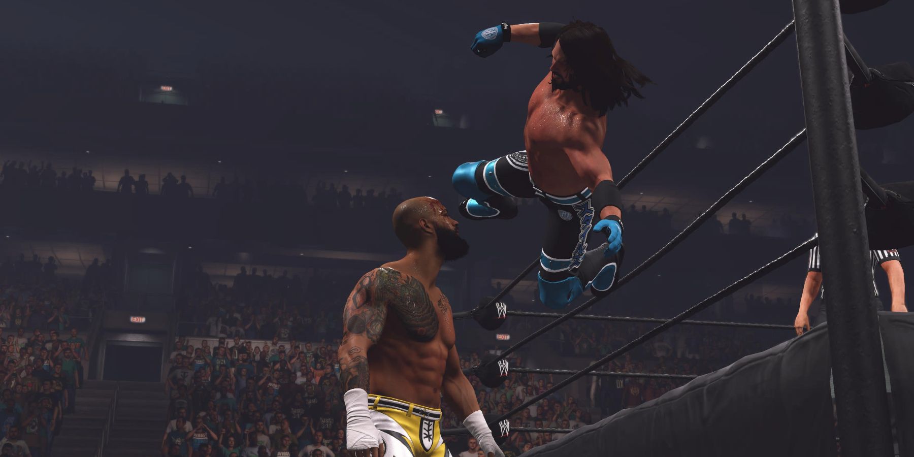WWE 2K23 AJ Styles with the srpingboard attack on Ricochet