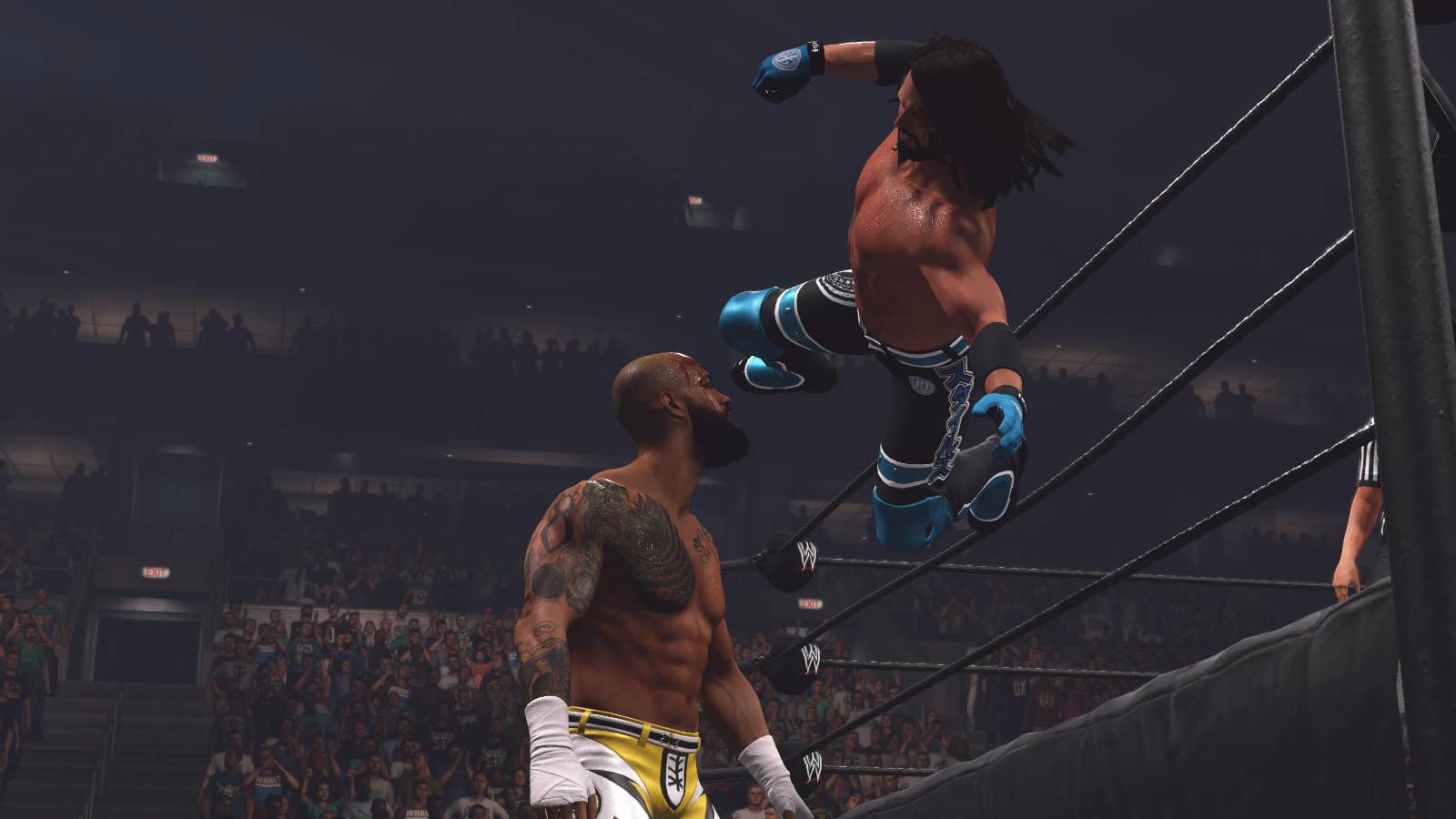 WWE 2K23 AJ Styles with the srpingboard attack on Ricochet