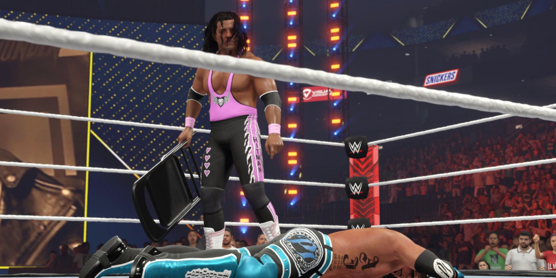 WWE 2K23 Bret Hart attacking AJ with a chair