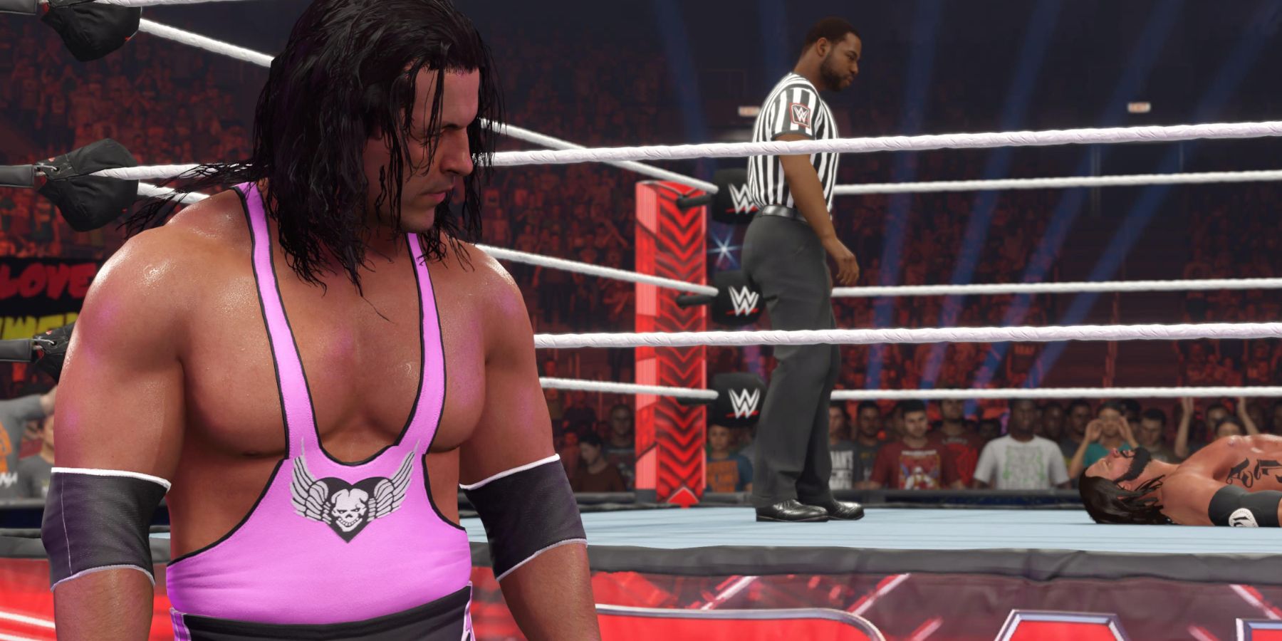 WWE 2K23 Bret Hart injuring AJ in a rivarly action