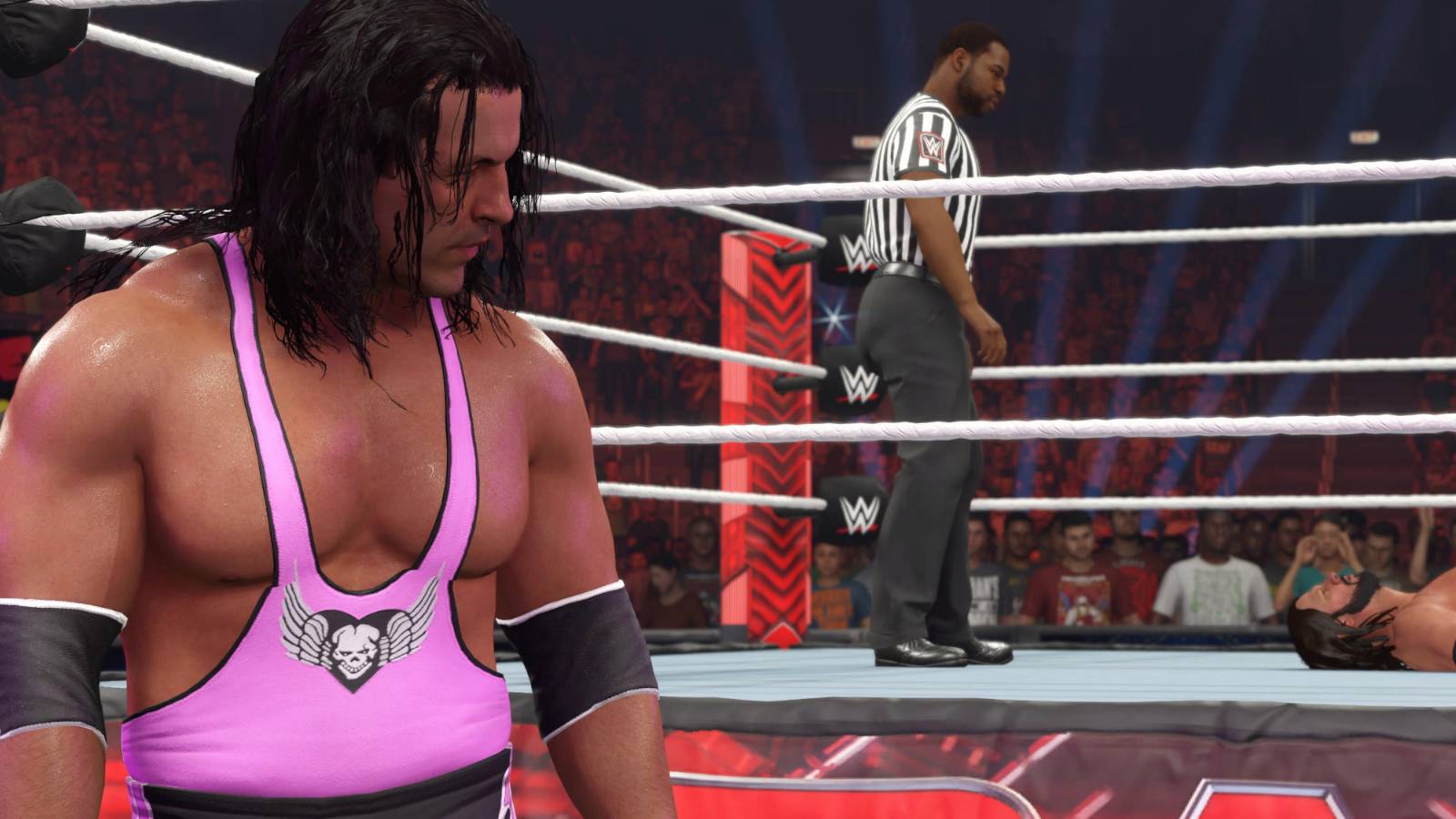 WWE 2K23 Bret Hart injuring AJ in a rivarly action
