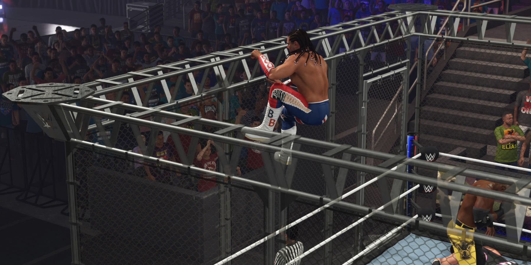 WWE 2K23 British Bulldog climbing the cage in WarGames