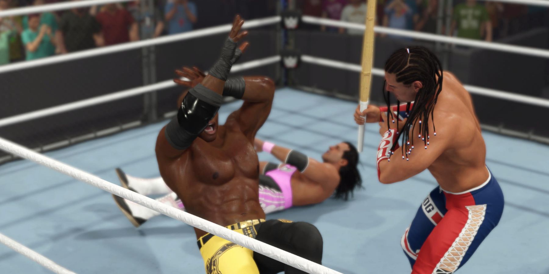 WWE 2K23 British Bulldog using the kendo stick on Lashley in WarGames