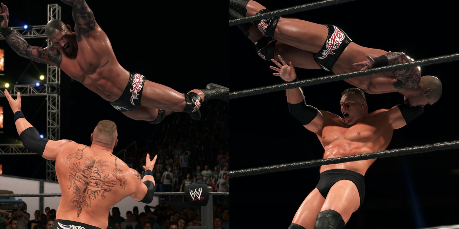 WWE 2K23 Brock hits the Catch F5 on Orton