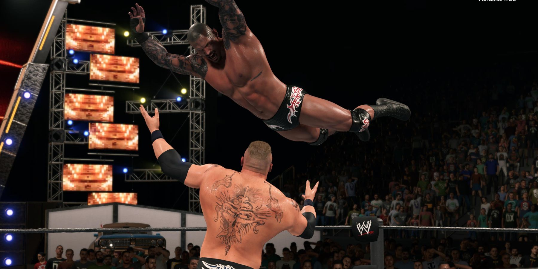 WWE 2k23 Brock Lesnar catching Randy Orton for the finisher