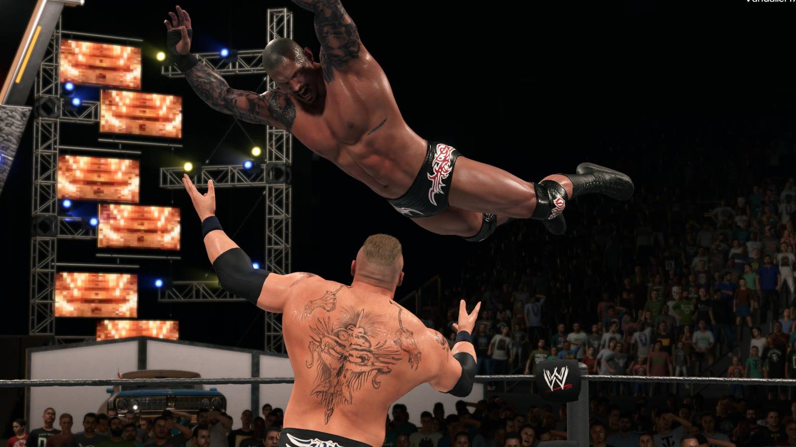 WWE 2k23 Brock Lesnar catching Randy Orton for the finisher