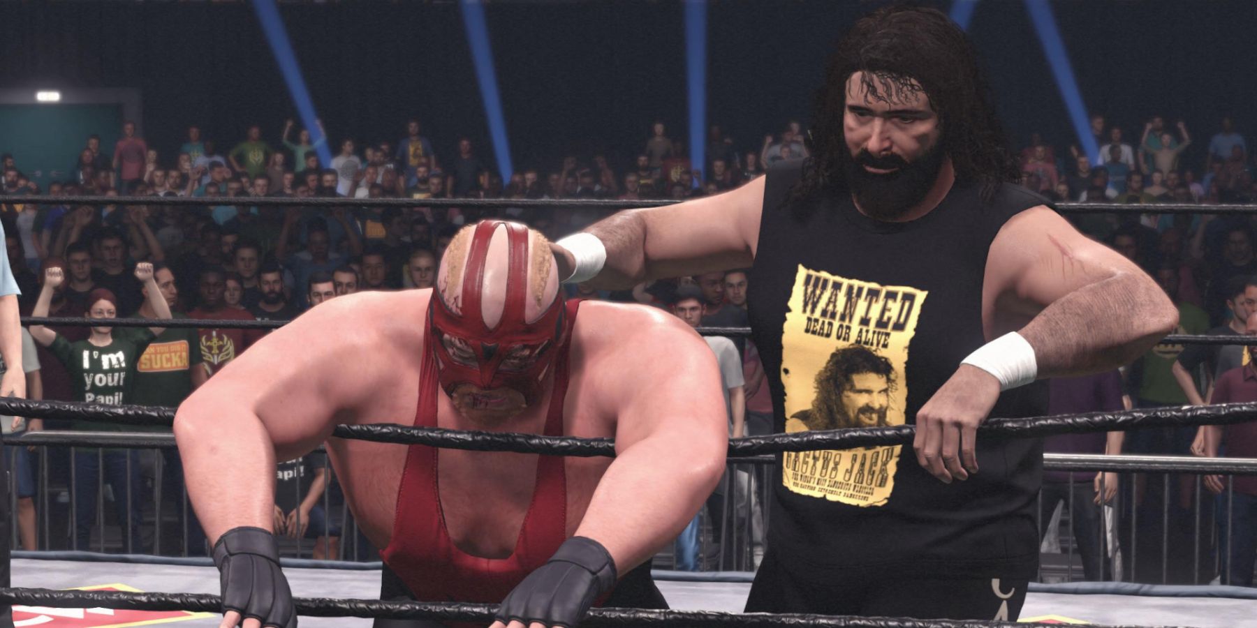 WWE 2K23 Cactus Jack pulls Vader to the ropes