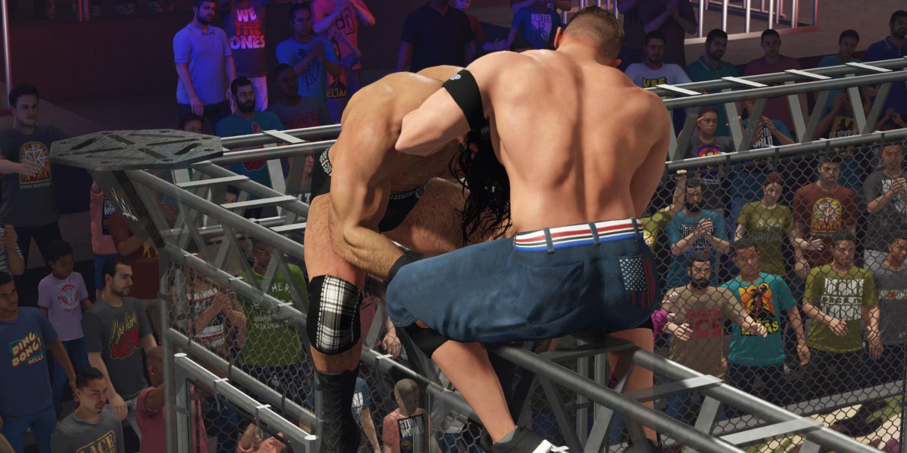 WWE 2K23 Cena grappling Drew McIntyre on teh cage in WarGames